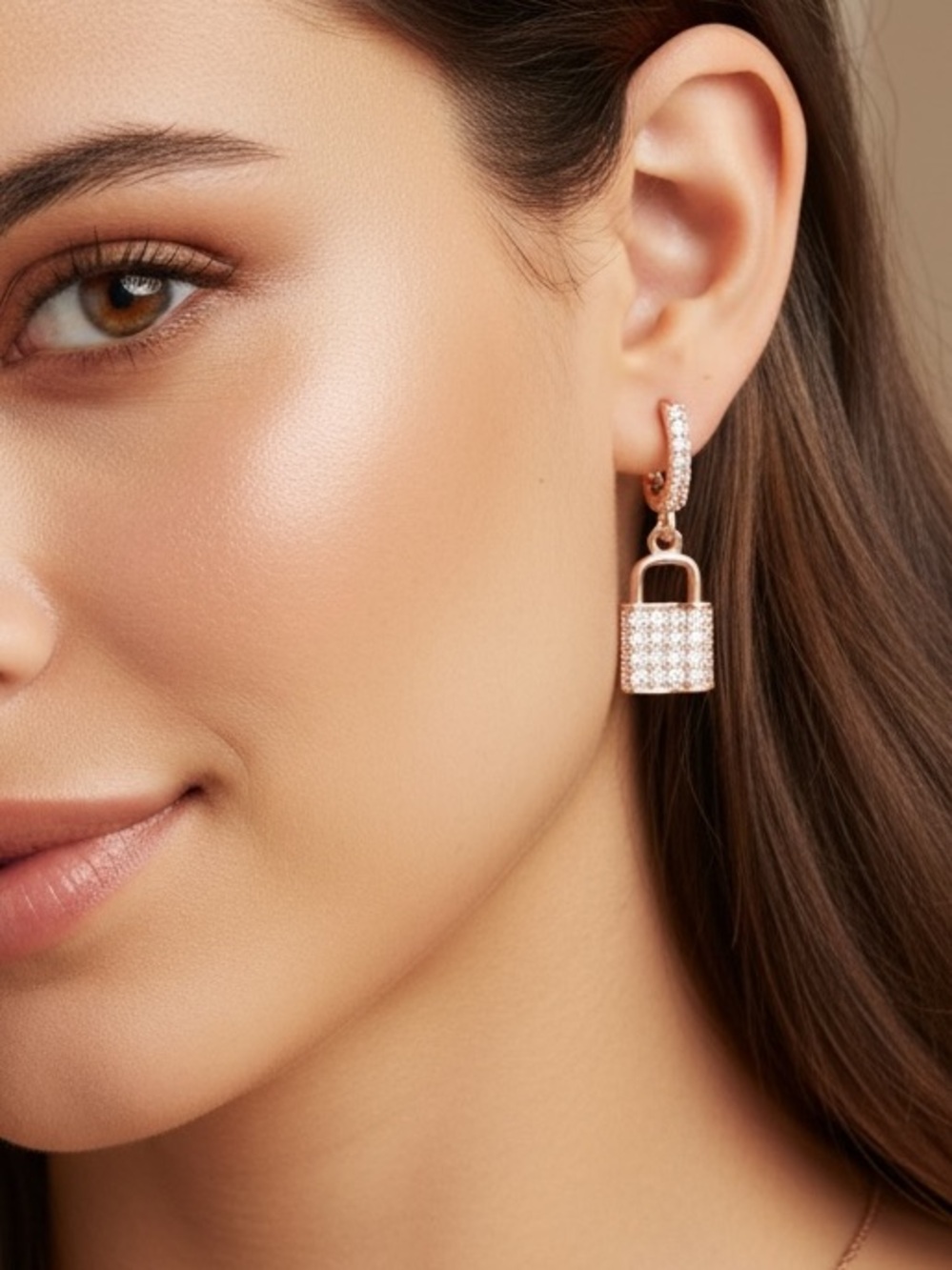18k Rose Gold Plated Lock Hoop Huggie Earrings. New.